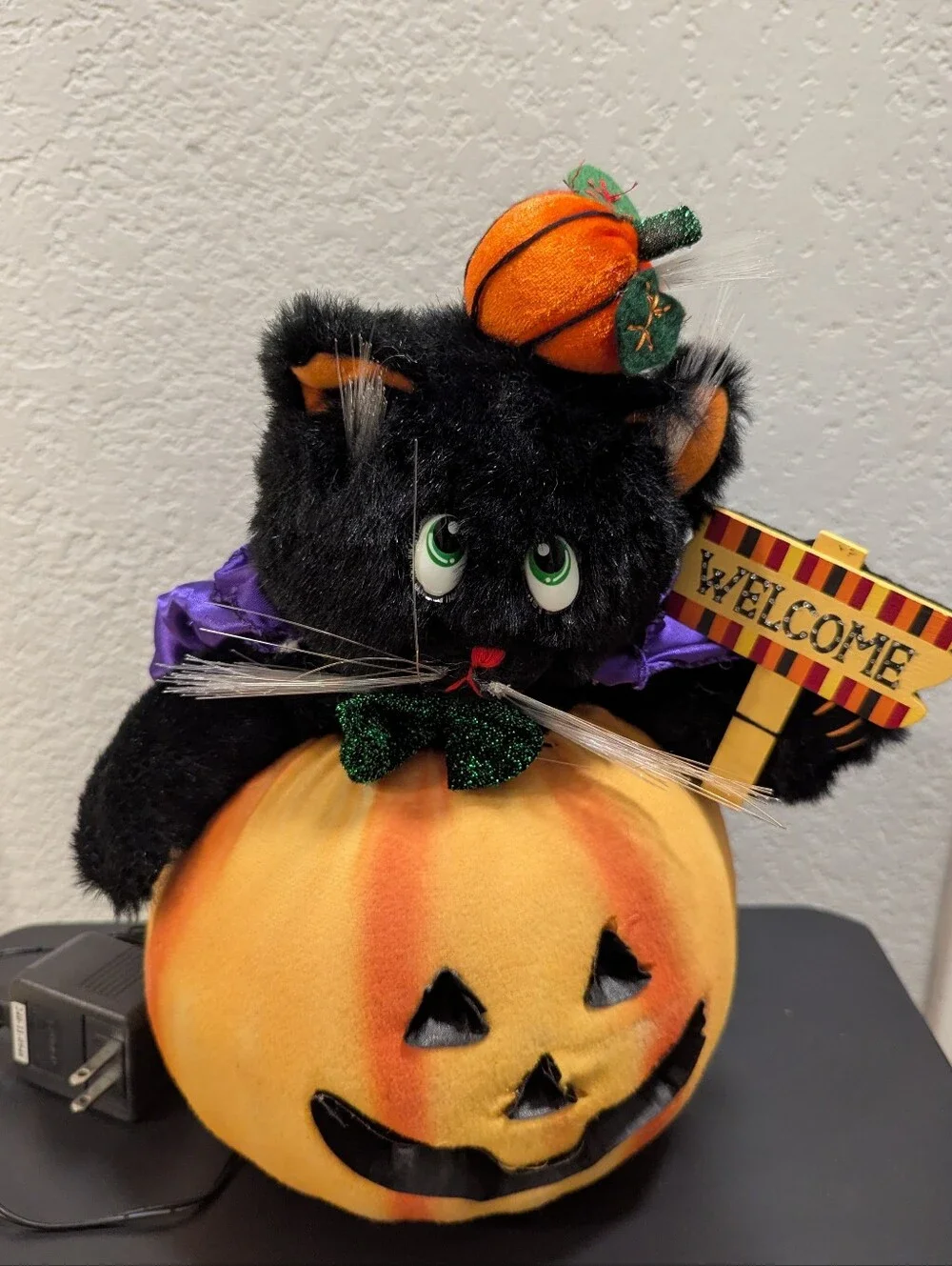 Vintage Halloween Fiber Optic Black Cat In Pumpkin Hat Cape in Pumpkin 12